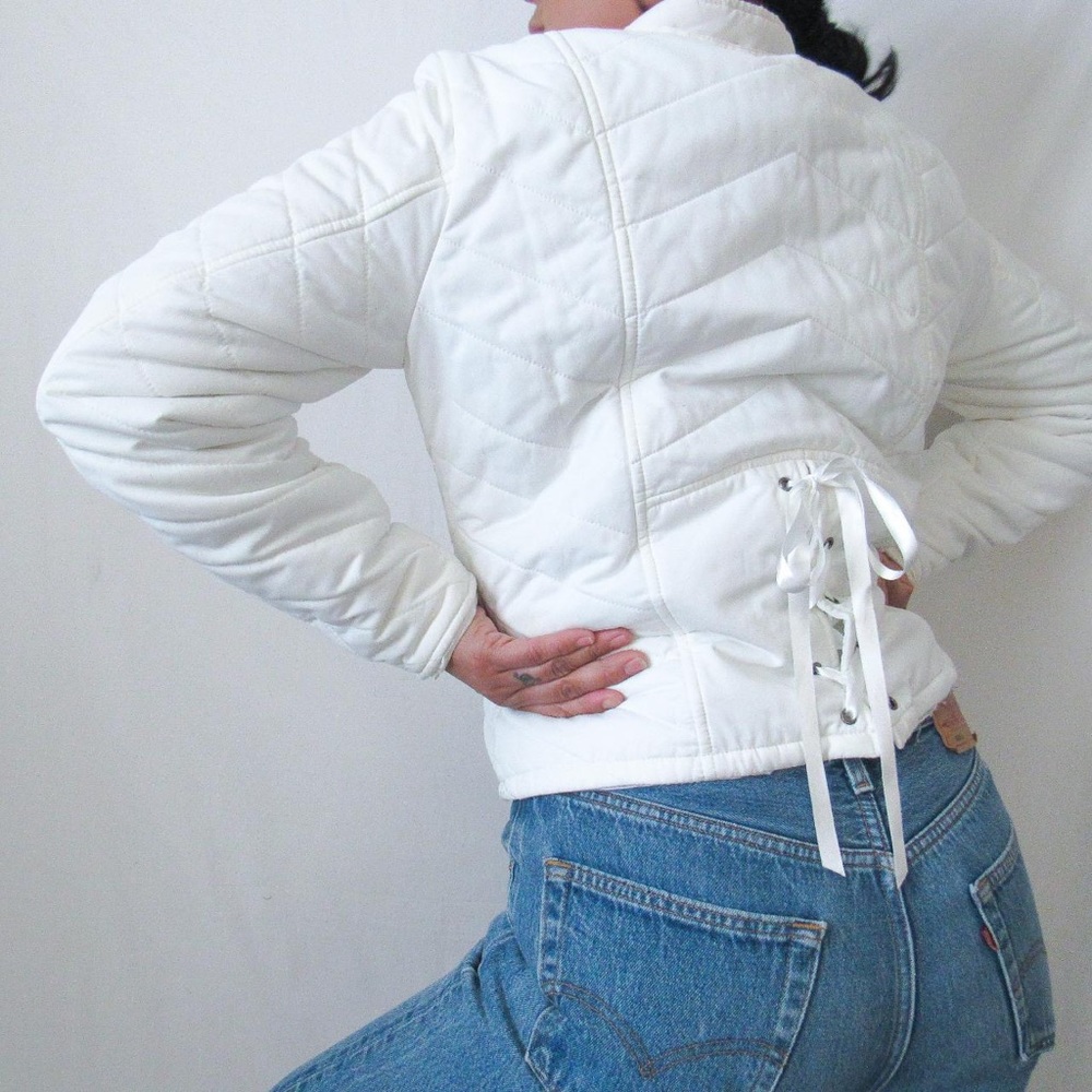 RARE VINTAGE Harley Davidson Quilted Jacket in White Ribbon Corset Detail Y2K-L - Picture 1 of 8